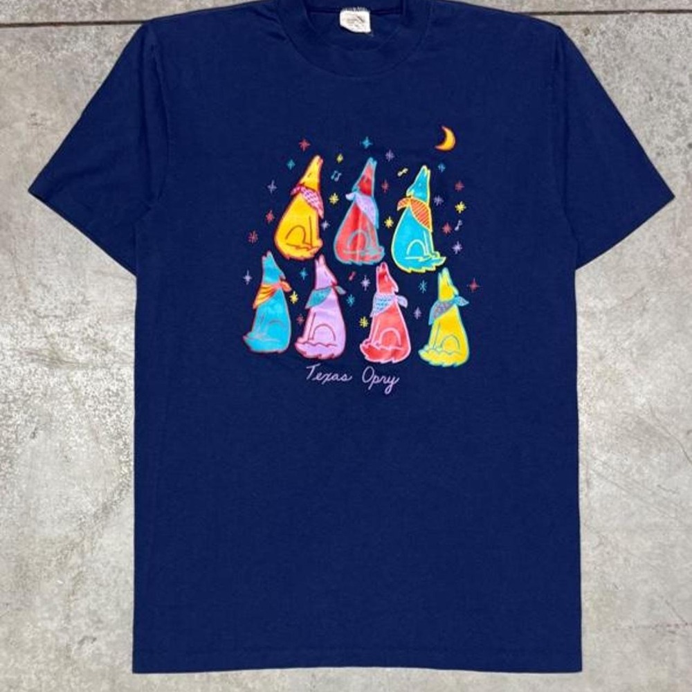 90s Texas Opry T-Shirt Nature Wolf Howling Sz Large Navy